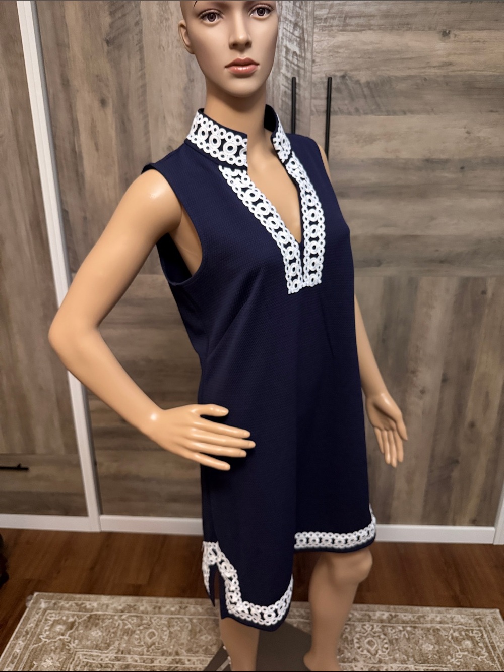 Eliza J Navy Blue Sleeveless Shift Dress with White Eyelet Trim